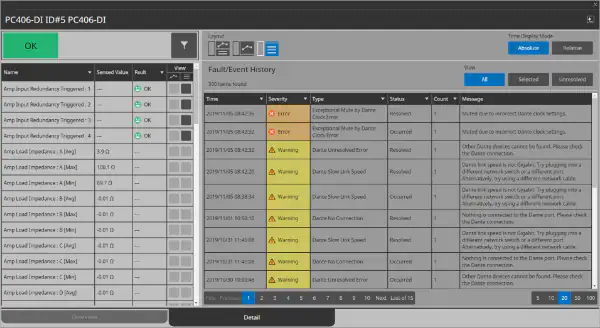 Yamaha ProVisionaire: Fault and event history for the selected devices